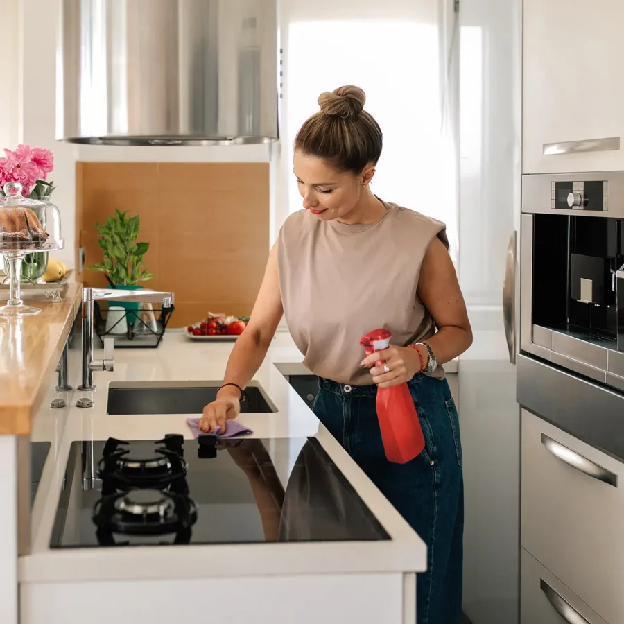 Une jeune femme en train de nettoyer les plaques de cuissons d'une cuisine