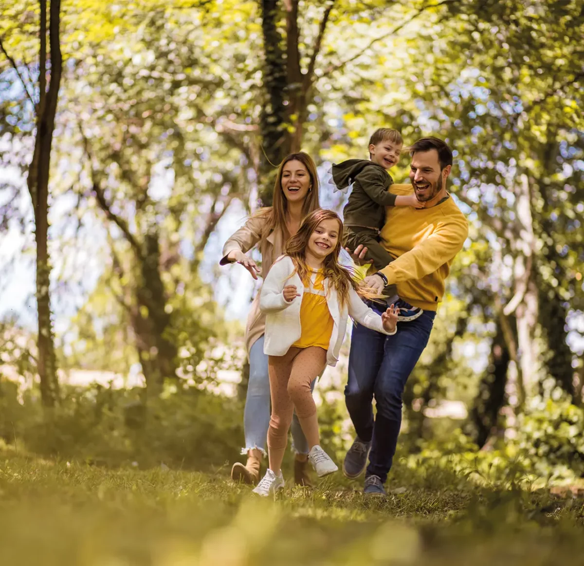 Une famille se baladant dans la forêt
