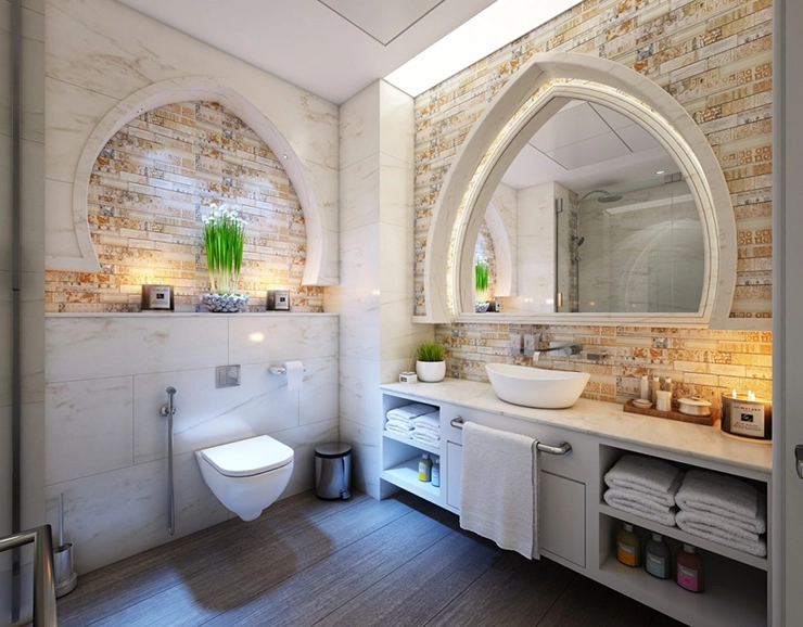 Des toilettes dans une grande salle de bain