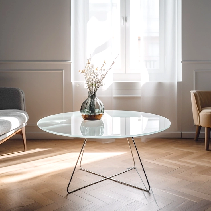 Une table ronde en verre au milieu d'un salon